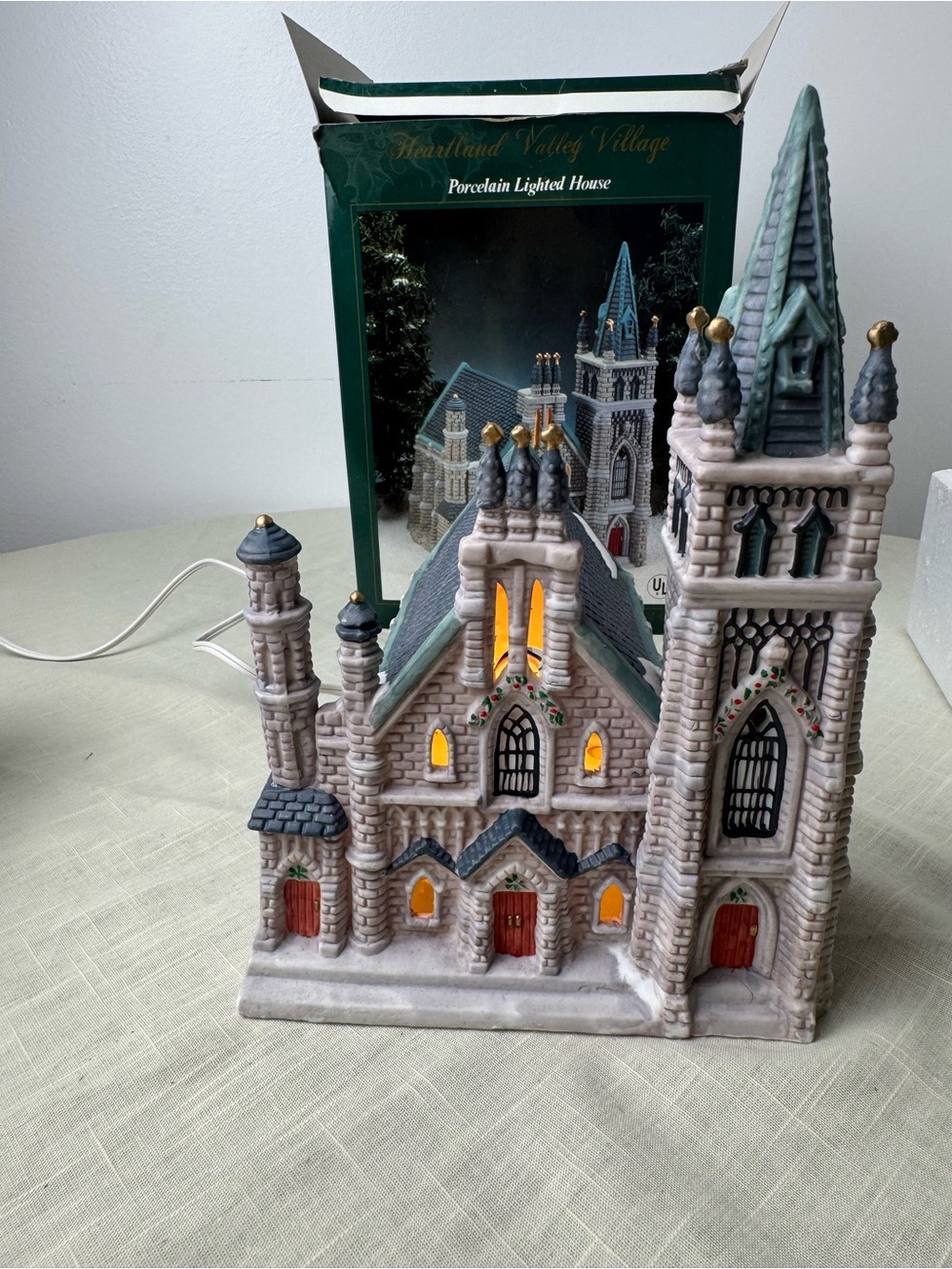 Porcelain Lighted Village Church - Green Roof, Red Doors
